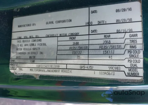 1999 Chevrolet Express z USA, uszkodzony, nr VIN 1GBFG15R2X1012890